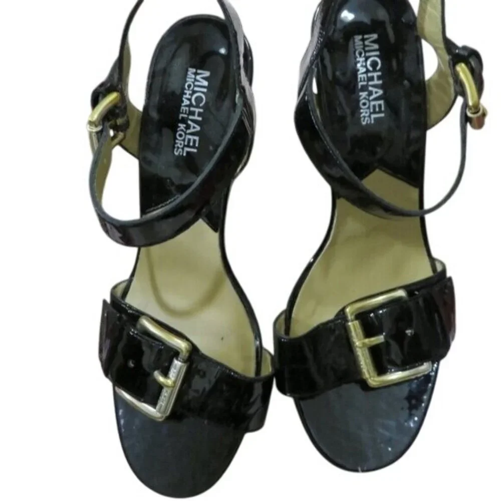 Michael Kors Embellished Buckled Black Italian Leather Wedge sandals heels